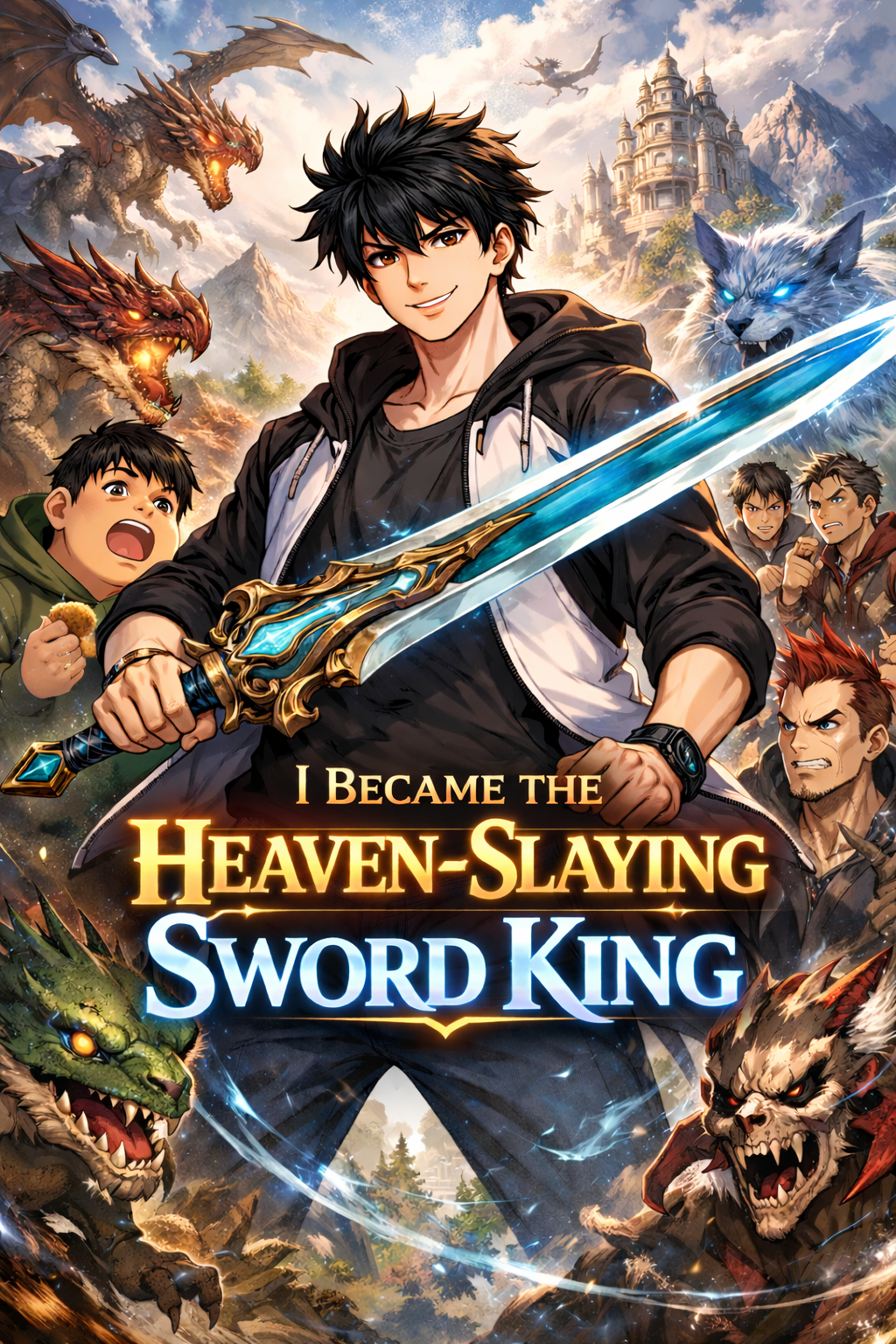 Illustrated cover for Heaven-Slaying Sword King showing a black-haired hero with a glowing blue sword, surrounded by dragons, monsters, and a mountain city.